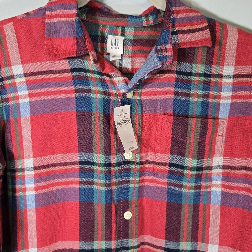 NWT GAP Kids Red Plaid Long‎ Sleeve Button Up Shirt Size L Boys 100% Cotton